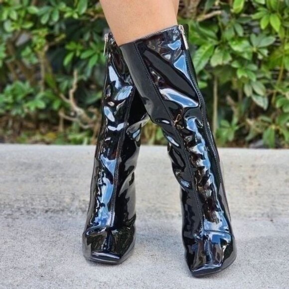 Women Mid Calf Square Toe Heel Boot Black Color - Picture 1 of 5